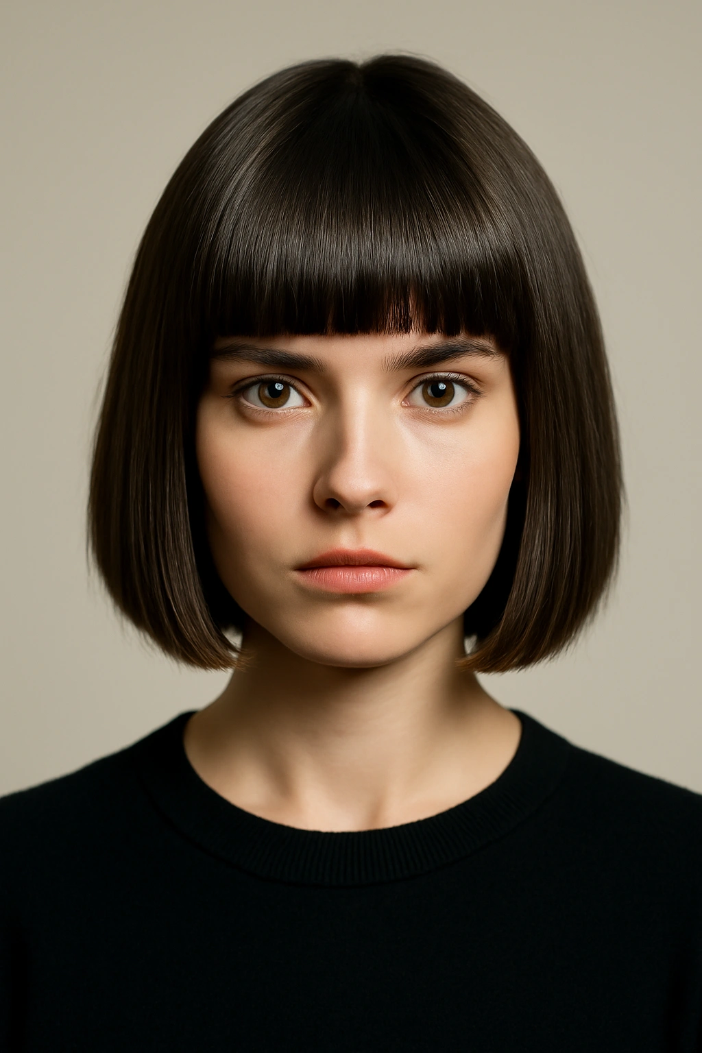 Close-up of blunt bangs with straight-across bob and crisp lines