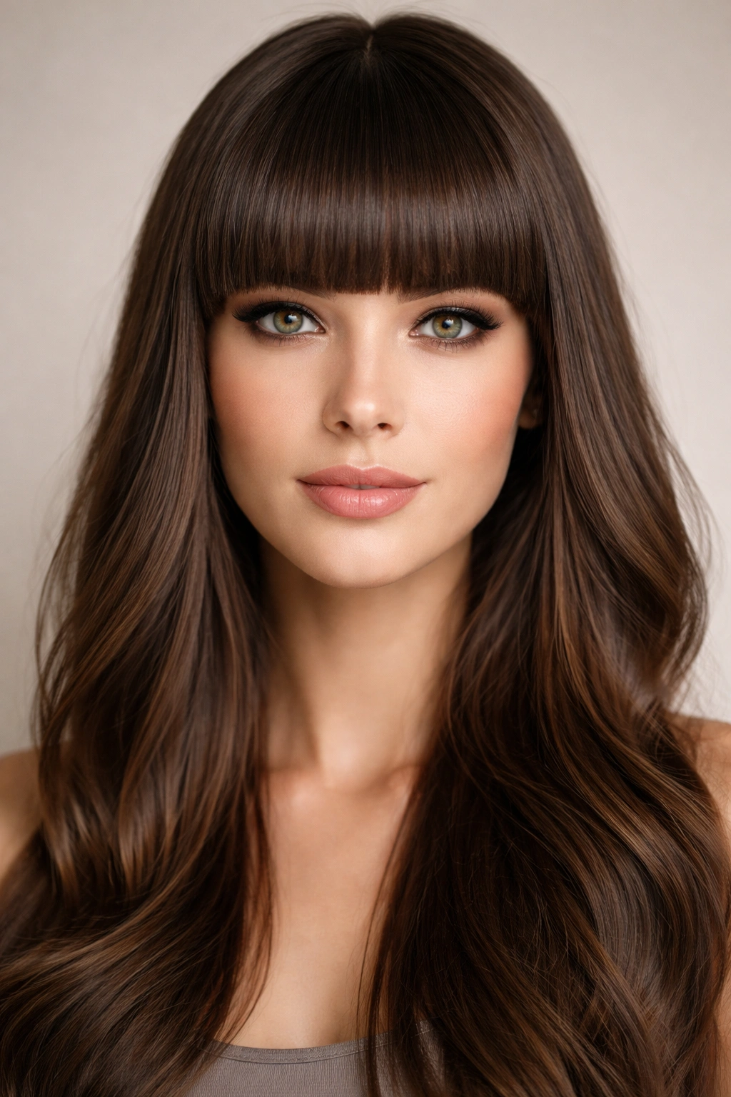 Close up of blunt bangs straight across the forehead with a crisp fringe