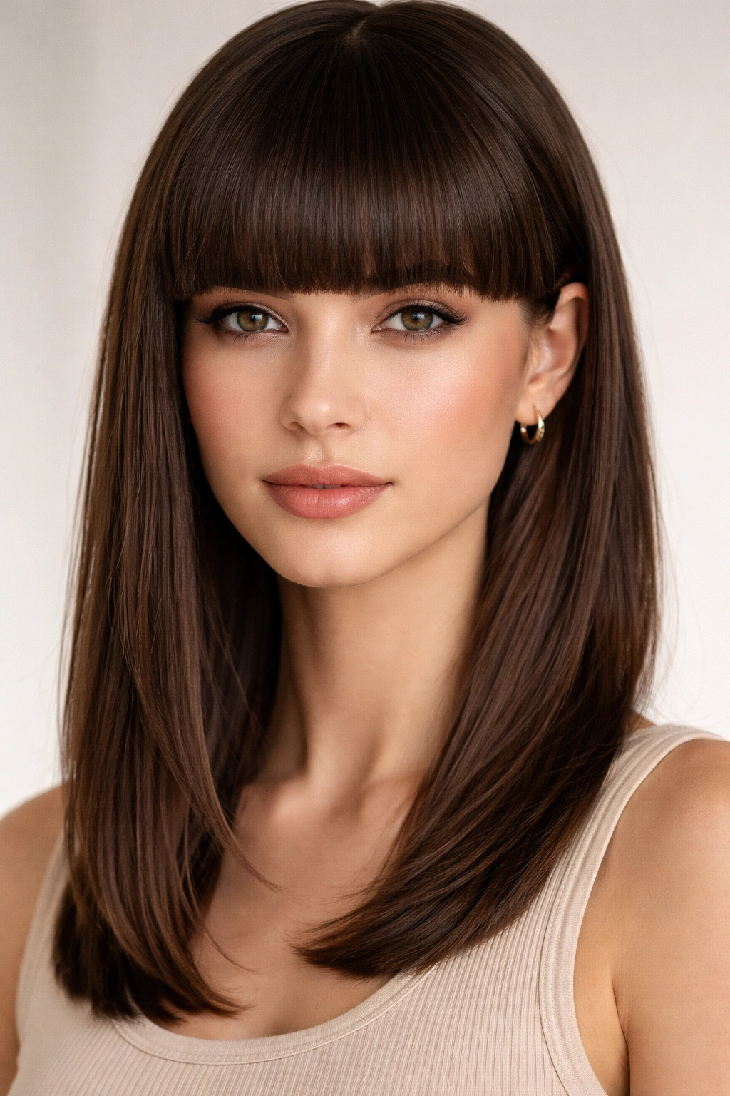 Close-up of blunt bangs with a crisp straight fringe at the eyebrows in a clean studio shot