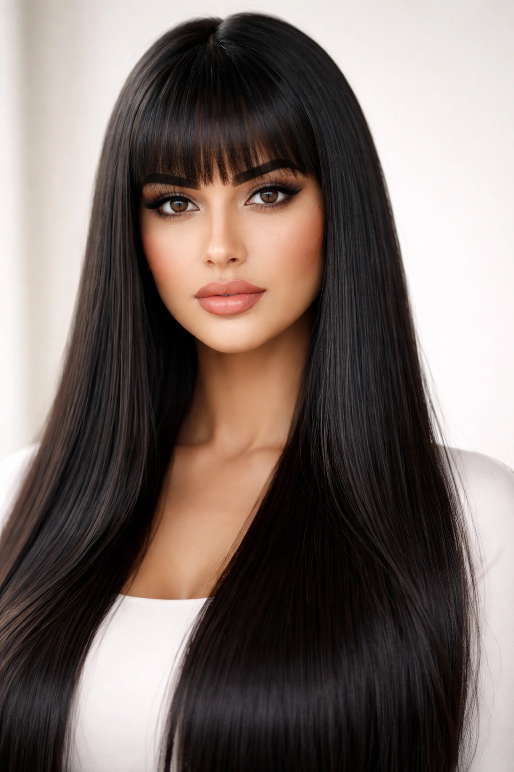 Blunt bangs with long straight hair for a sharp silhouette.