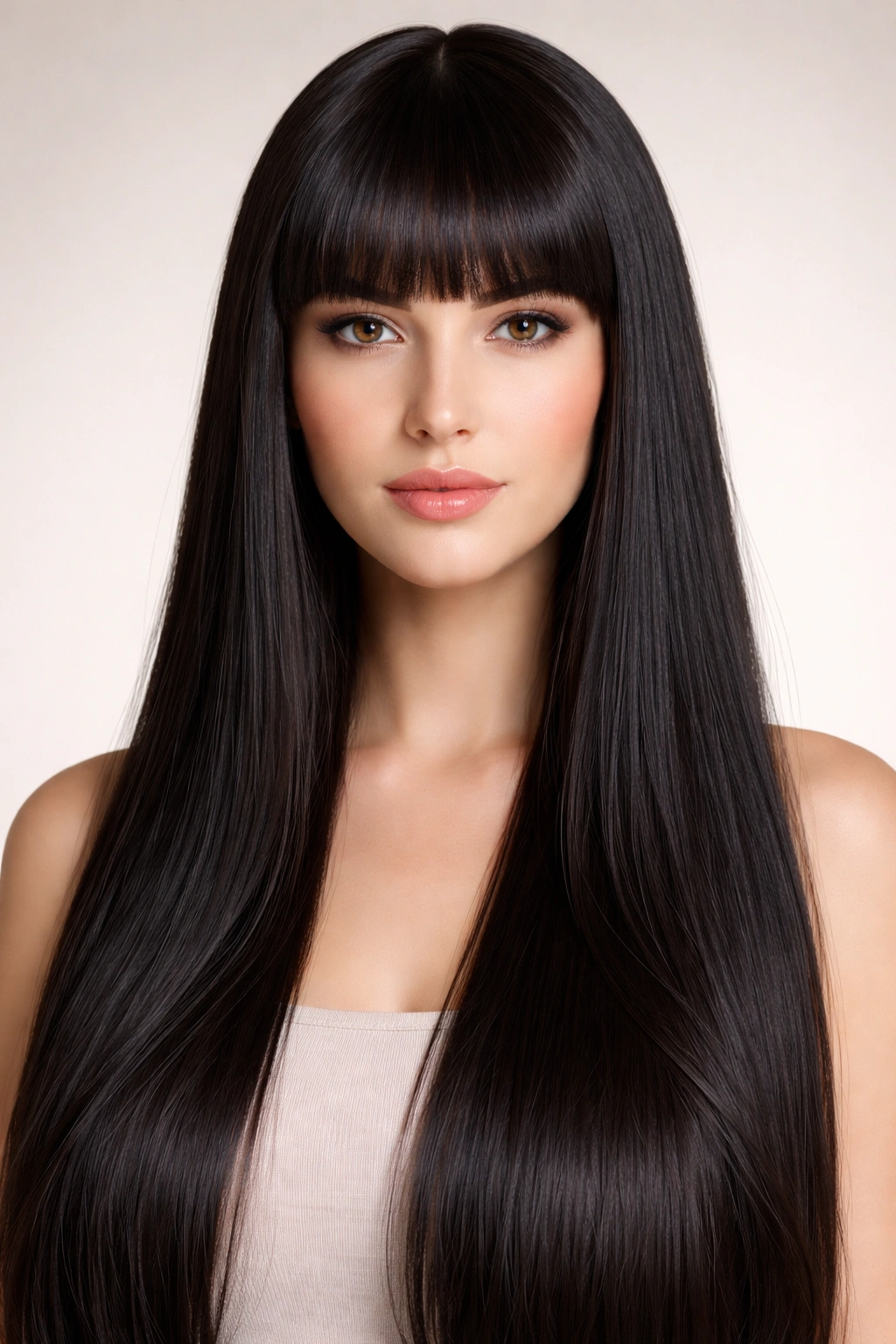 Long straight hair with blunt bangs cut at eyebrow level, smooth and glossy