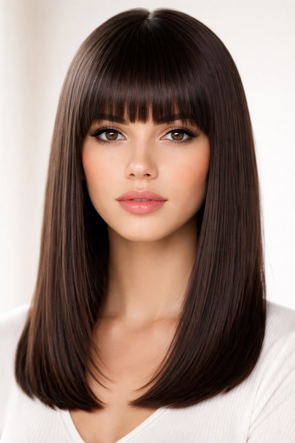 20 Medium Hairstyles With Bangs For Any Face 2 Portrait of straight hair with blunt bangs above the eyebrows.