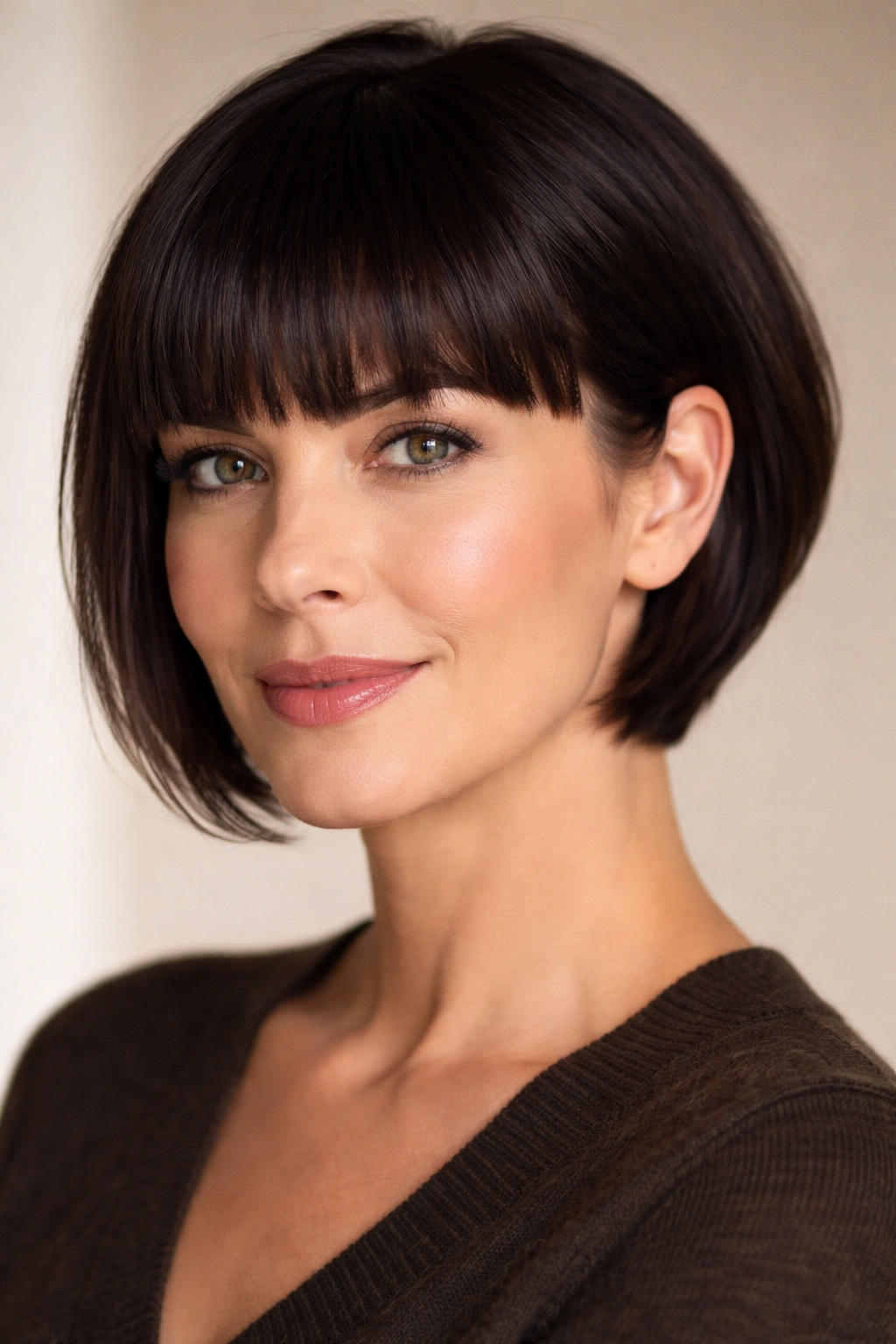 18 Short Hairstyles For Round Faces Over 40 8 Close-up portrait showing blunt bangs and tapered sides