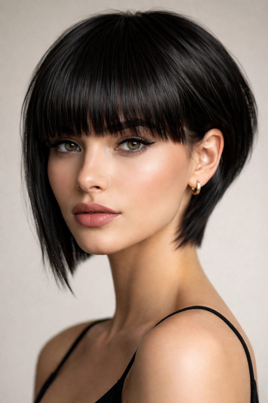 Close-up portrait of a model with blunt bangs and a tapered back.