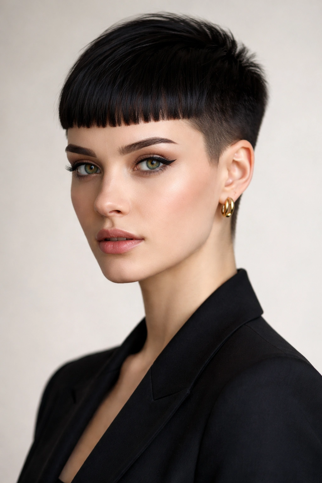 10 Short Taper Haircuts That Look Sharp On Women 4 Front view of Blunt Micro Bangs with Tapered Back highlighting bold bangs and taper