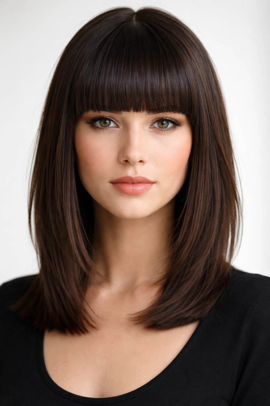 Portrait showing blunt bangs with tapered sides and a crisp fringe