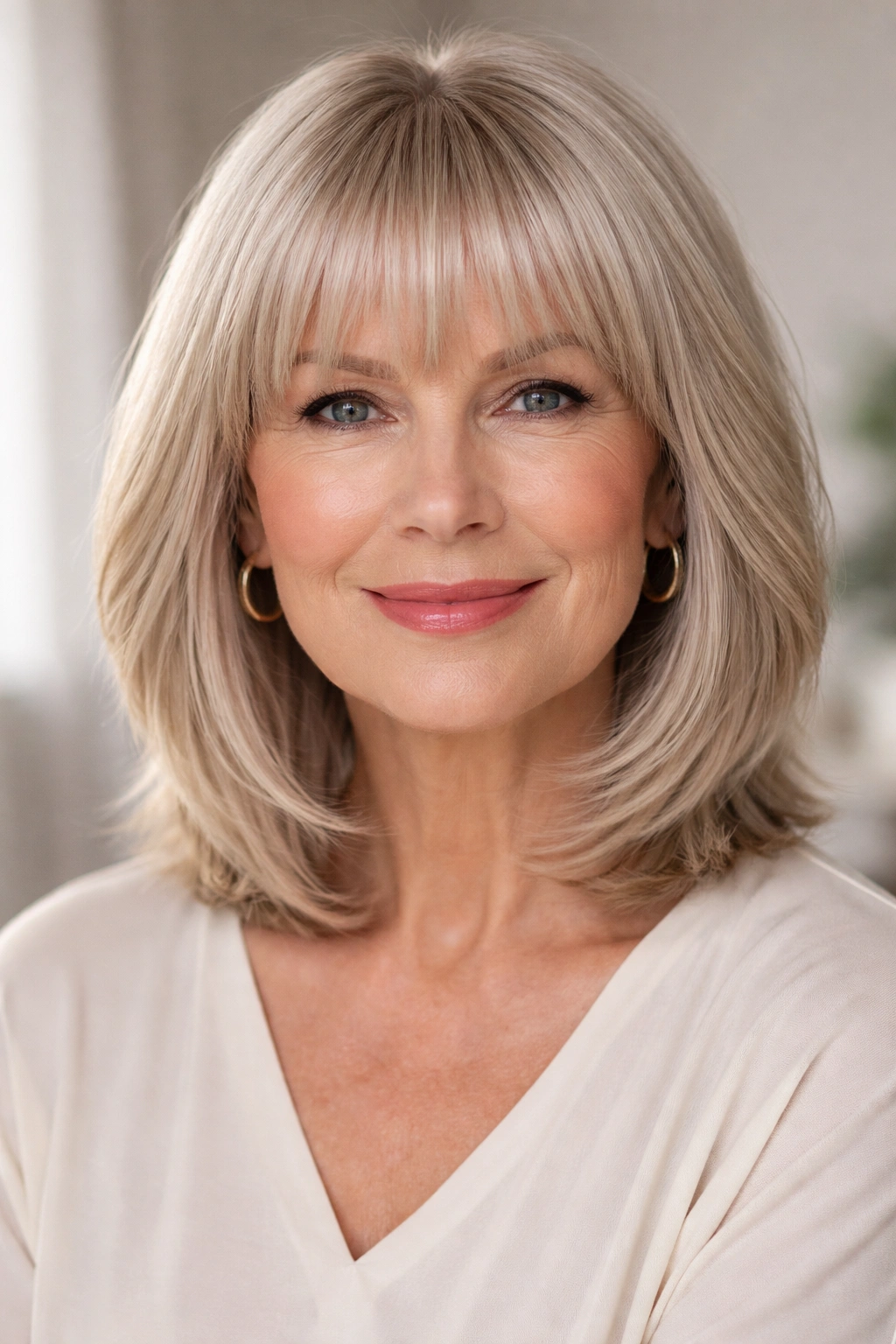 Chin-length hair with blunt bangs and textured layers for fullness.