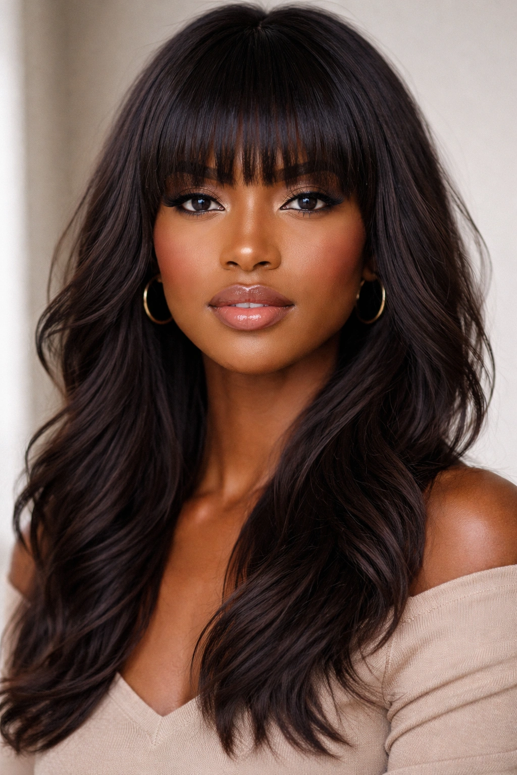 Close-up of a Black woman with classic blunt bangs and textured layered hair.