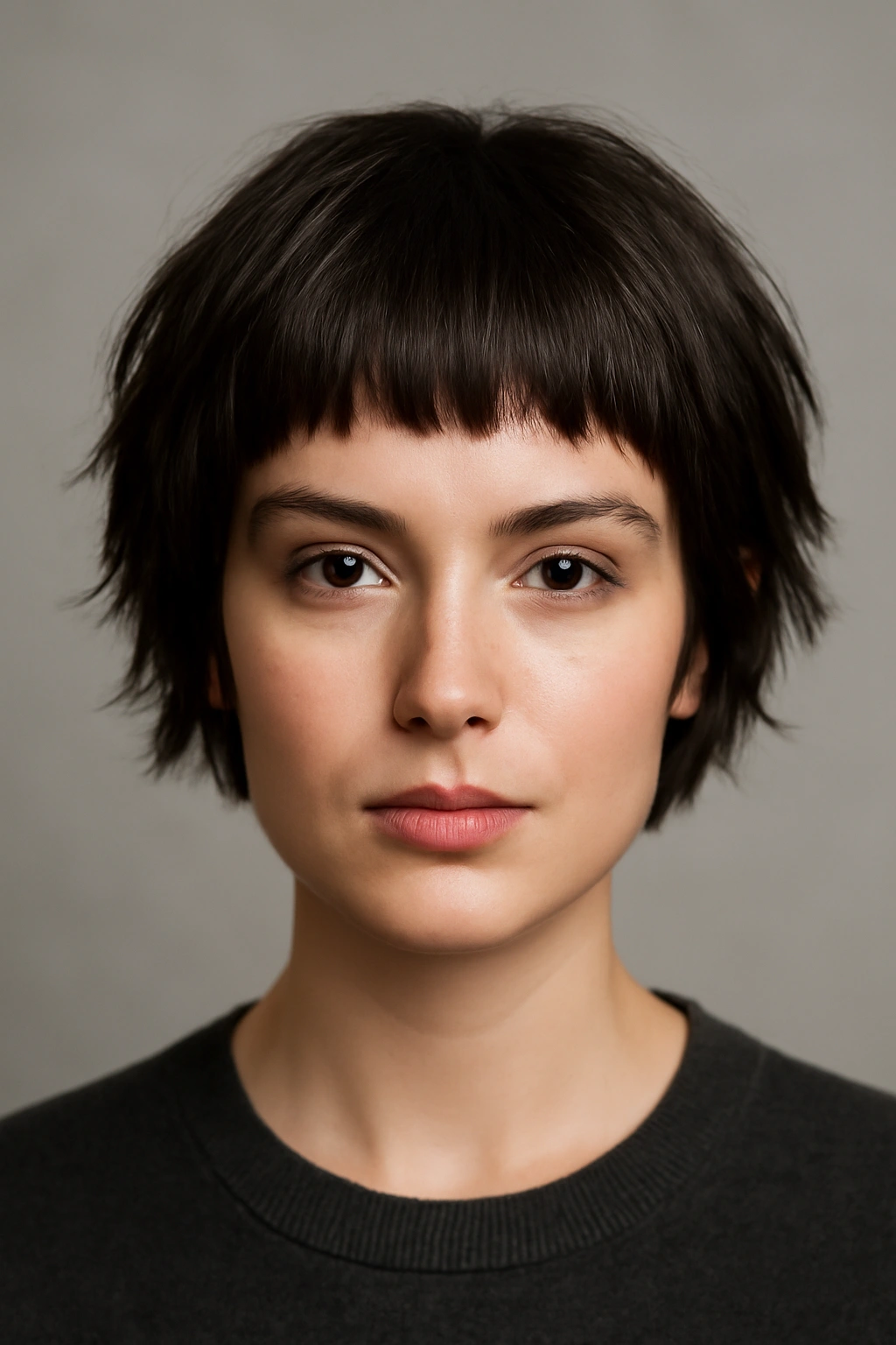 Portrait of a person with blunt bangs and textured short layers