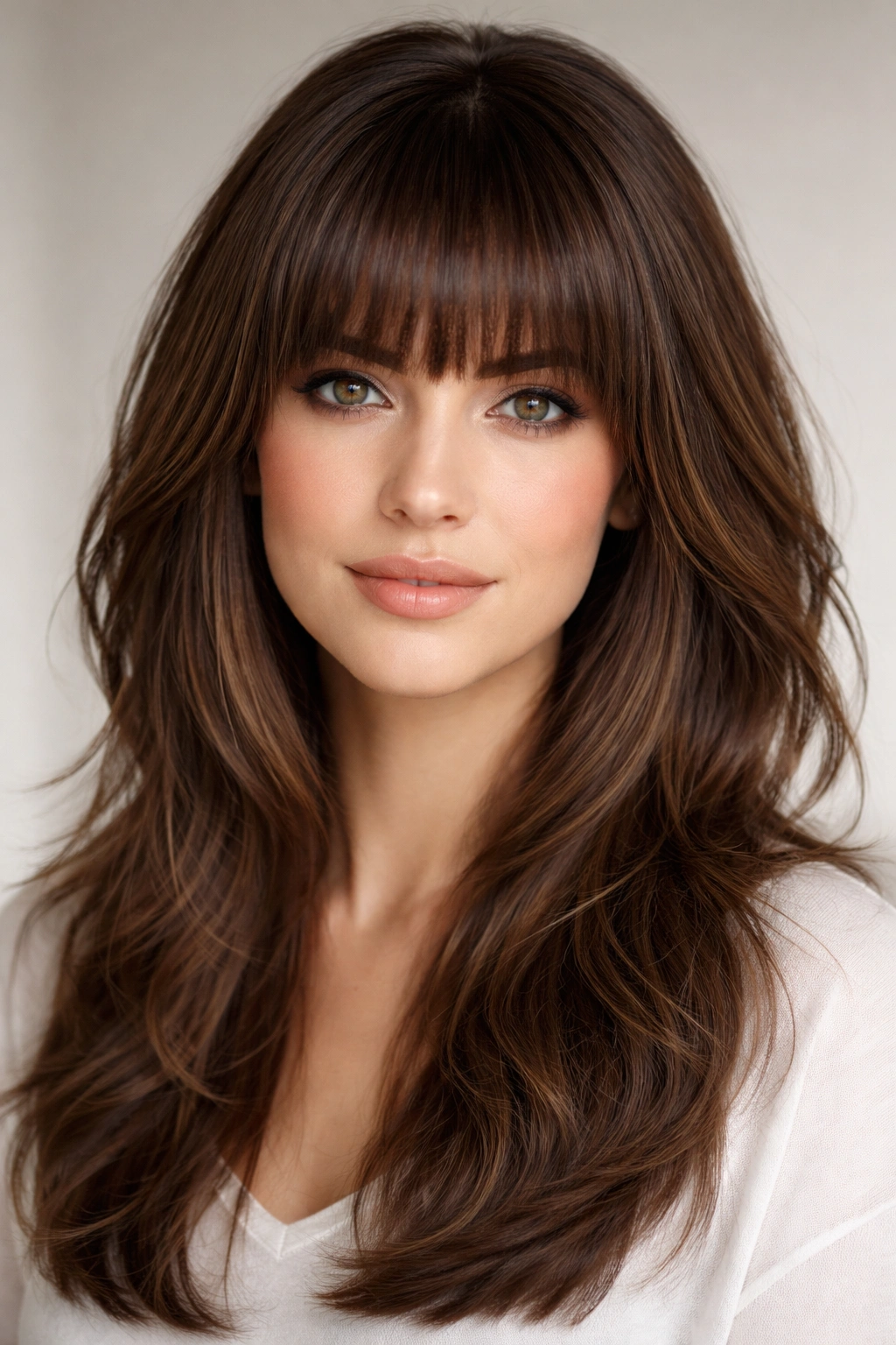 Blunt bangs with layered cut creating density at crown and hairline.