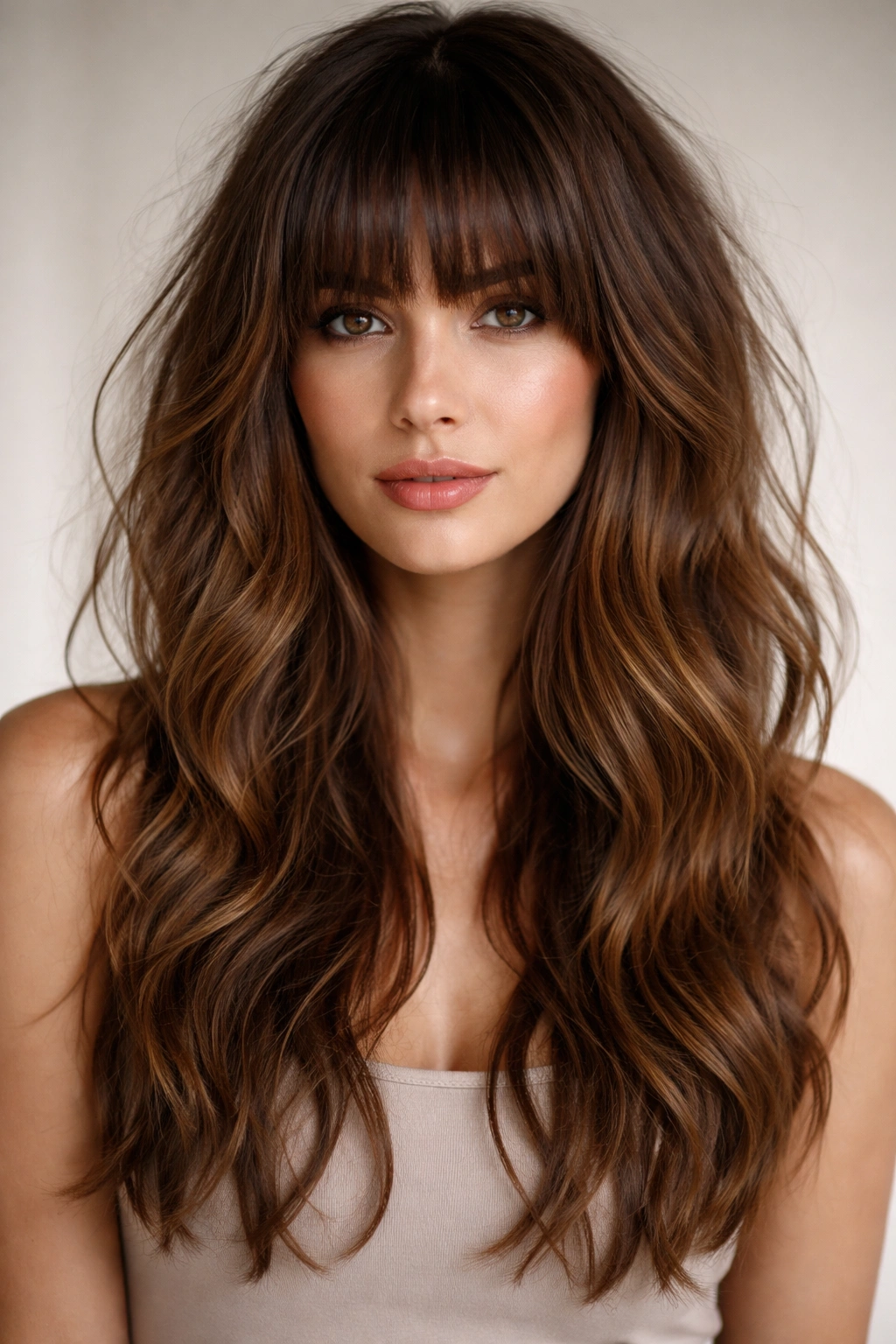 20 Long Face Hairstyles With And Without Bangs 20 Person with blunt bangs and tousled waves in soft studio light