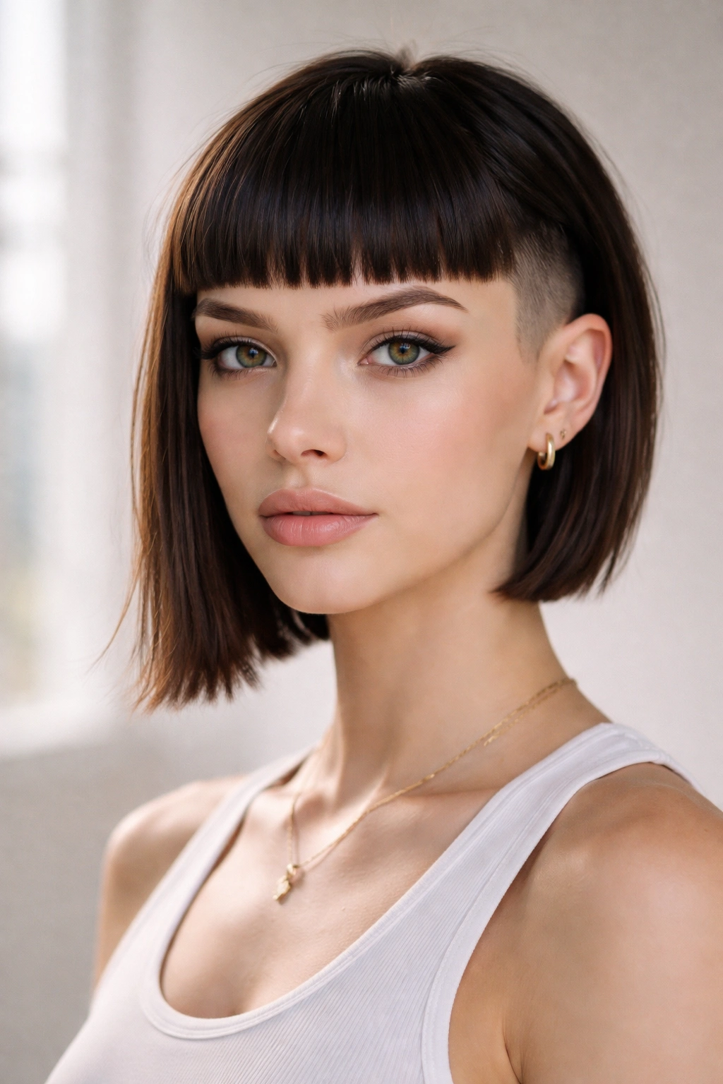 10 Front Baby Cut Styles That Are Everywhere Now 4 Frontal view of blunt baby bangs with side undercut
