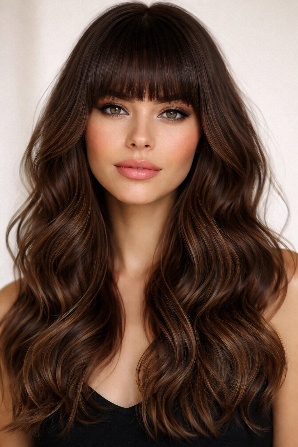 20 Wavy Haircuts Women Keep Requesting In Salons 15 Front view showing Blunt Bangs with Waves and bold straight bangs