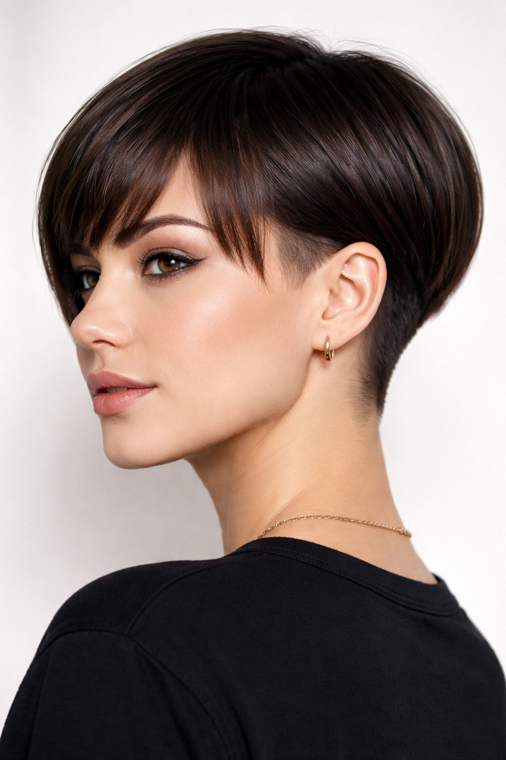 Sleek blunt bixie with visible undercut and sharp lines