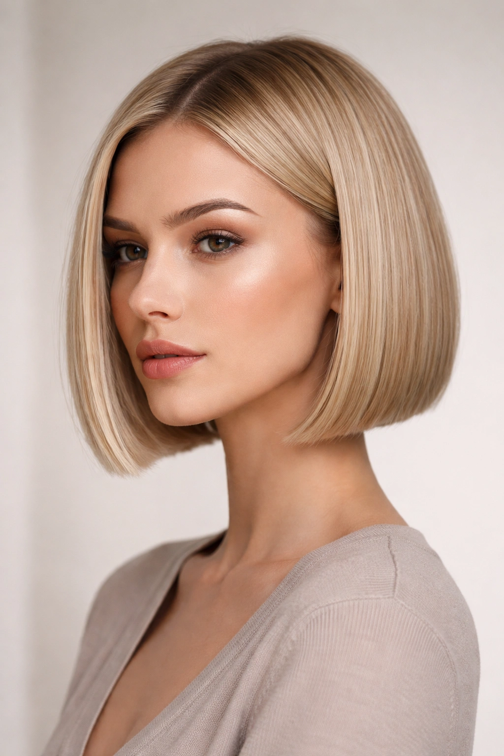 Portrait of a model with a chin-length blunt bob and straight edge.