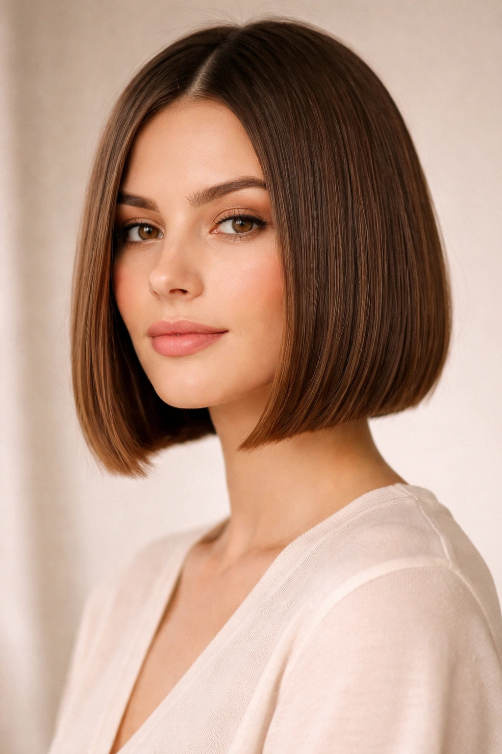 10 Short Haircuts For Women Who Hate Styling 2 Close-up of chin-length blunt bob with sharp ends and gentle forward angle