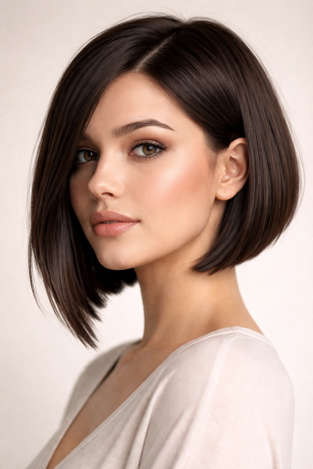 Close-up of a chin-length blunt bob with angled front pieces framing the face