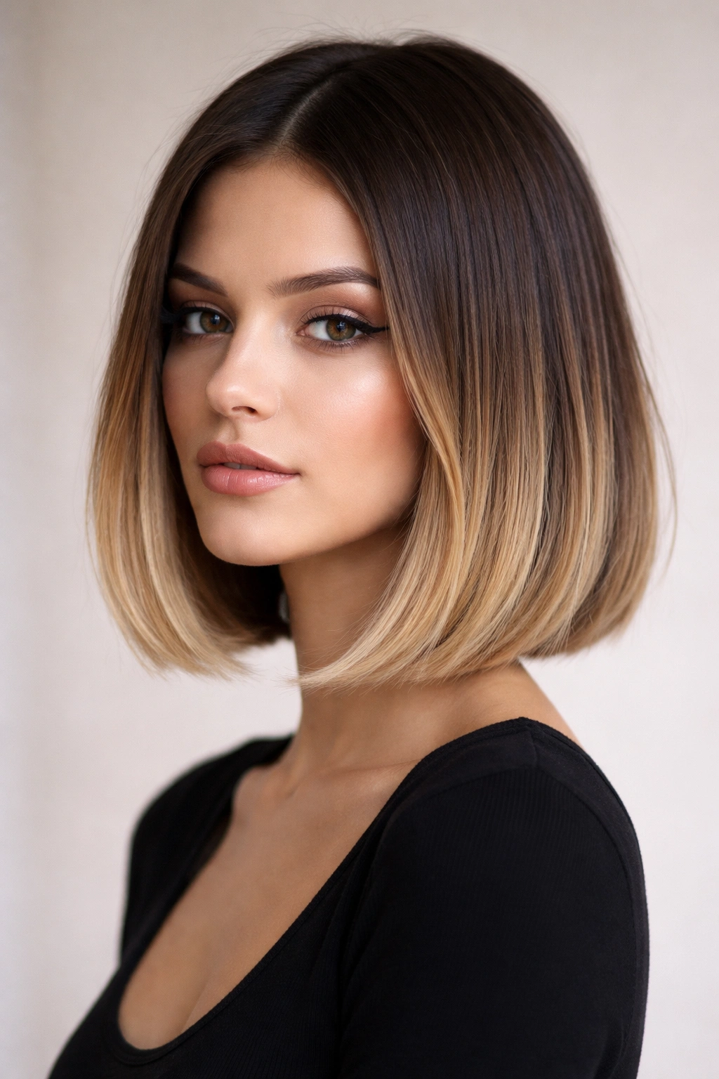 Close-up of blunt bob with subtle babylights ombre on dark base