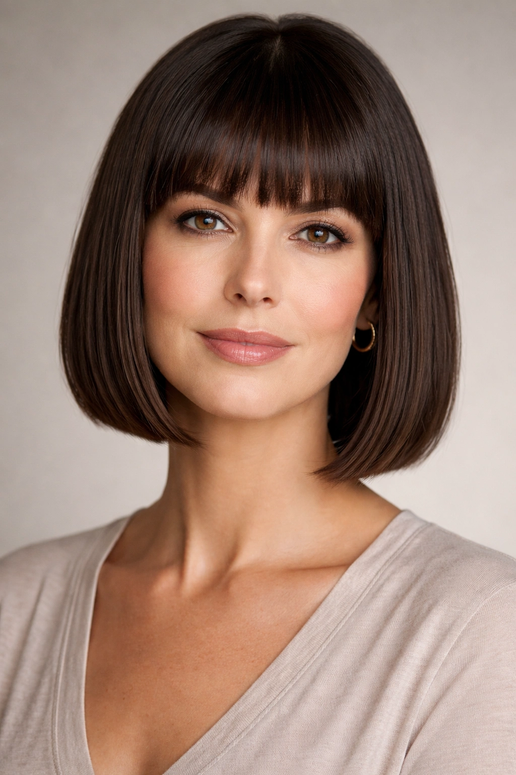 Blunt bob with straight bangs in a studio portrait