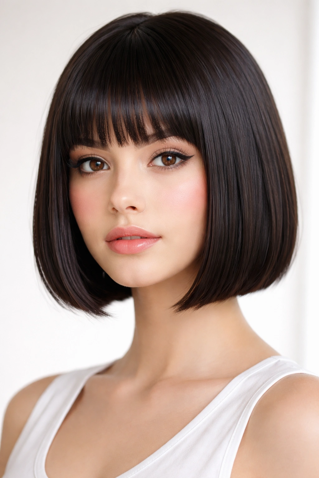 Close-up of chin-length blunt bob with straight bangs and sleek shine