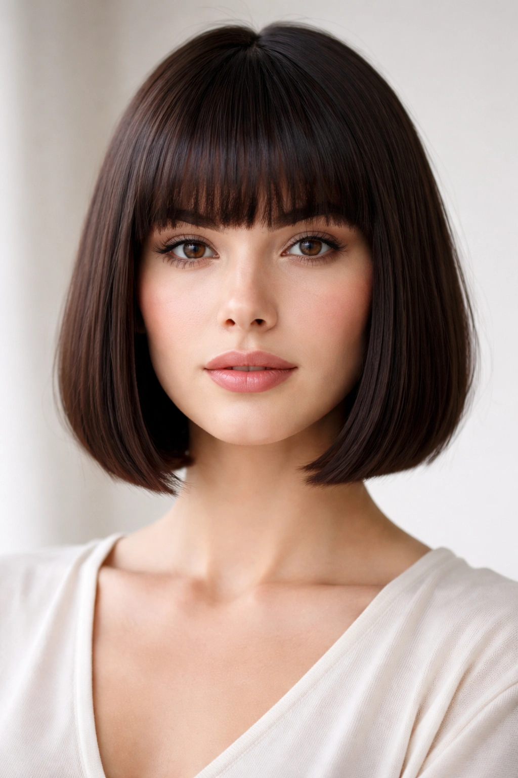 Chin-length blunt bob with straight-across bangs and a subdued crown area.