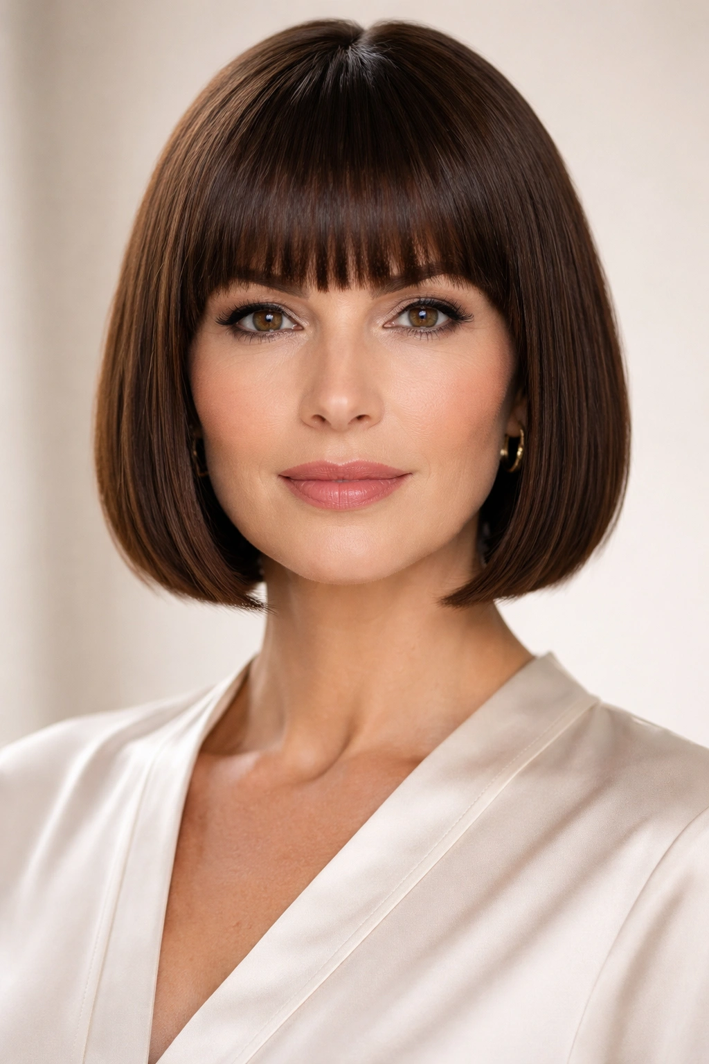 Front view of blunt bob with bangs and crisp jaw-length line