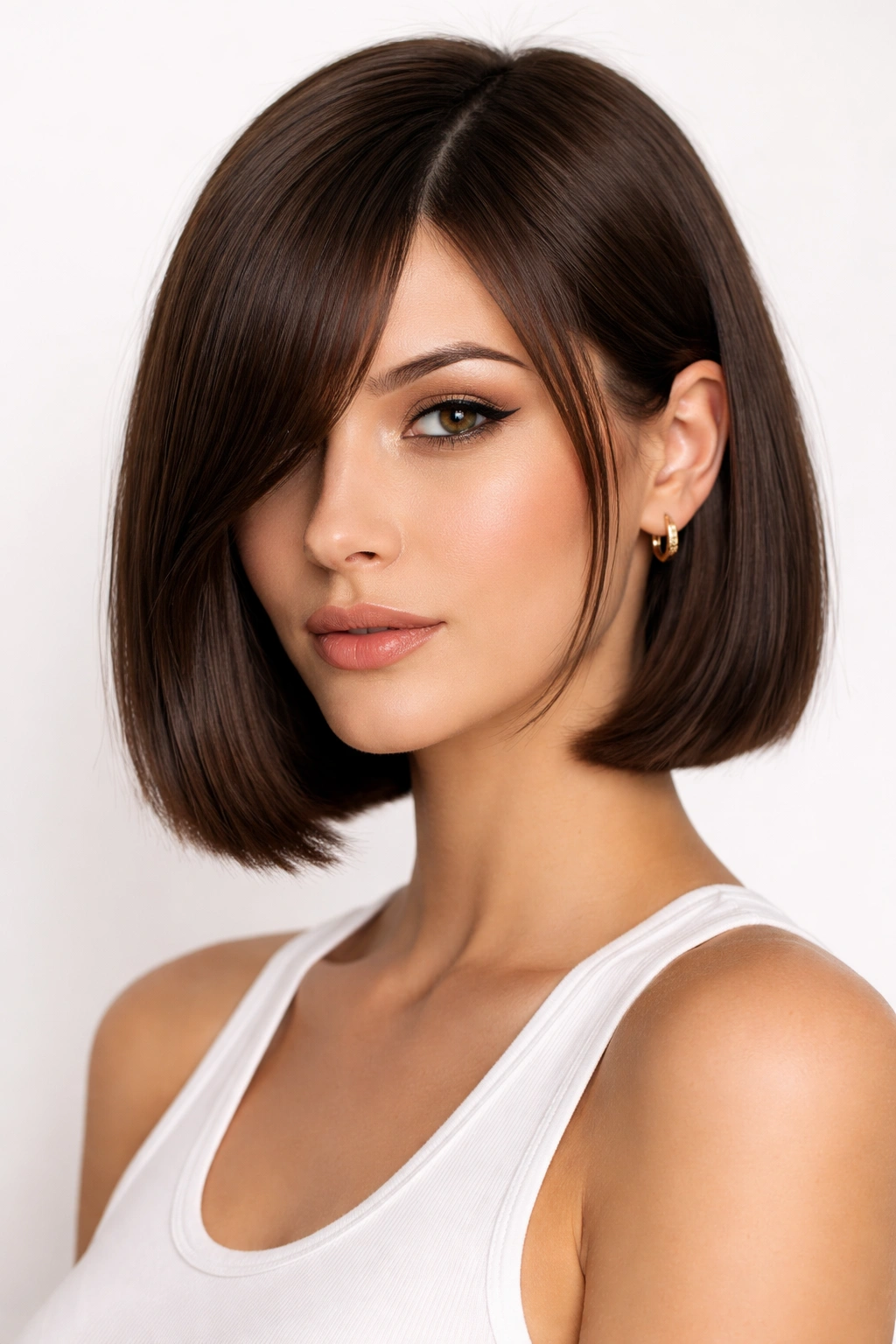 Sleek blunt-cut medium bob with long side bangs for a polished look.