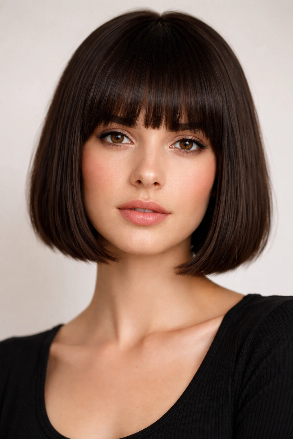 Close-up portrait of a model with a blunt chin-length bob and heavy bangs against a neutral backdrop