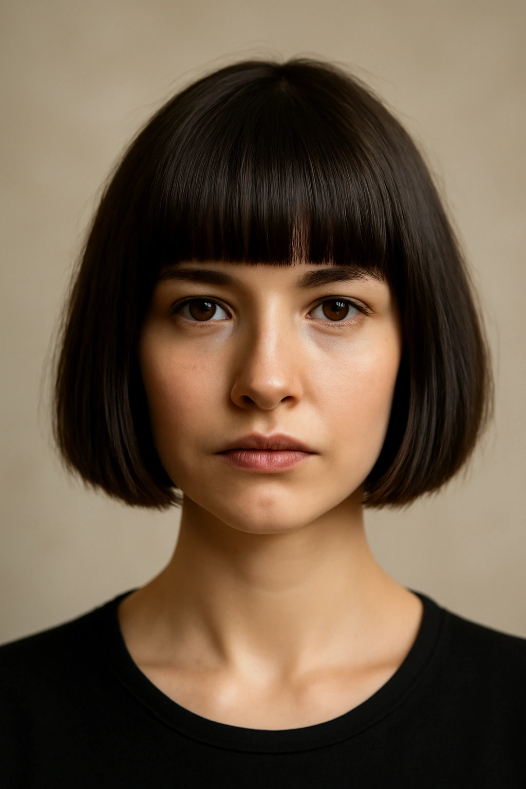 20 Bob Haircut Ideas From Short To Long Lengths 9 Blunt chin-length bob with thick straight bangs framing the face