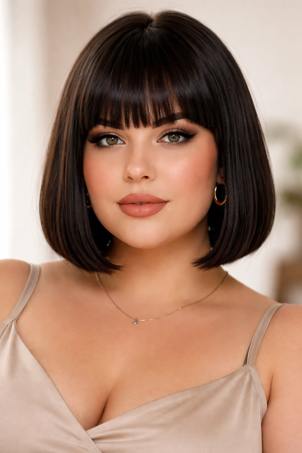 Blunt bob with bangs on a plus-size model