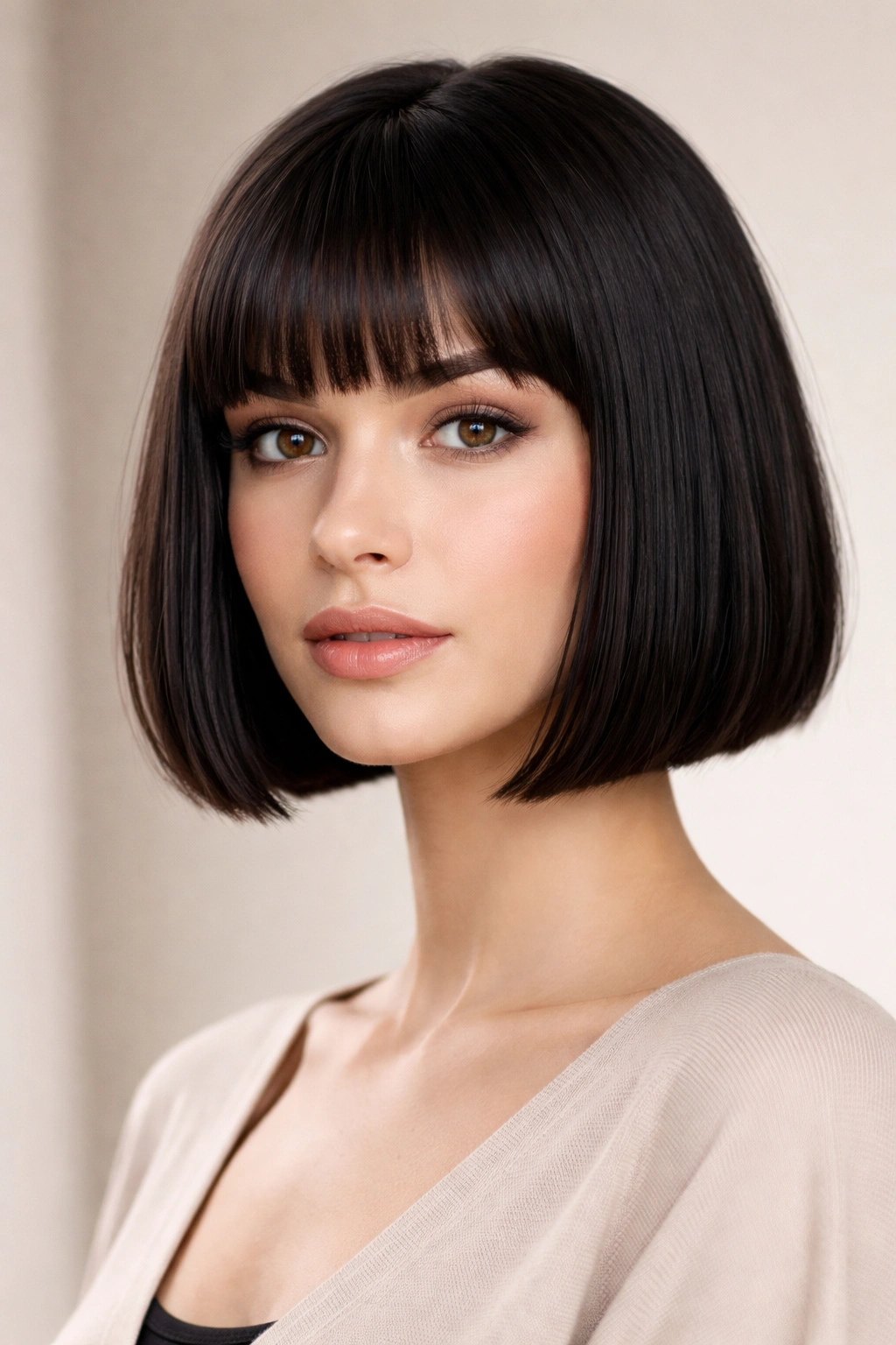 15 Haircuts That Shorten And Balance A Long Face 1 Close-up of a jaw-length blunt bob with straight bangs, a face-shortening hairstyle in studio lighting