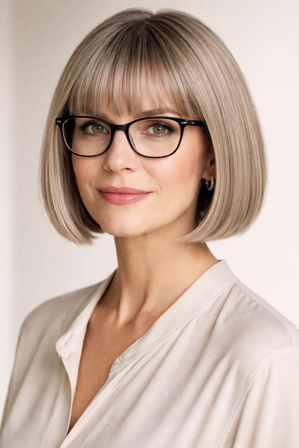 Chin-length blunt bob with straight bangs and glasses