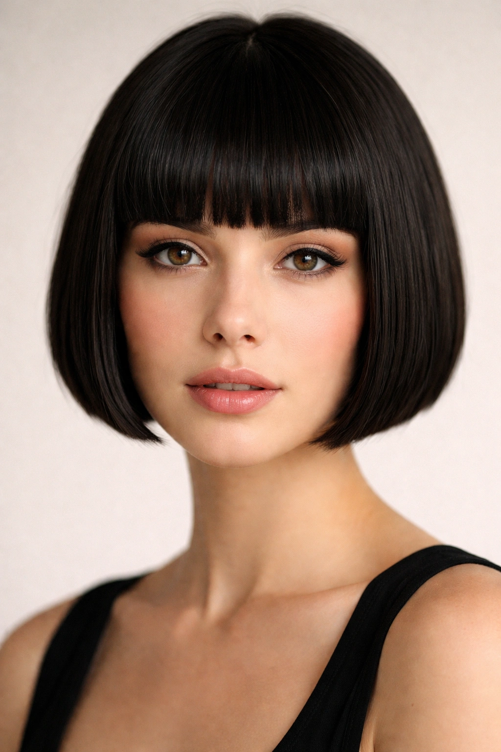 10 Short Haircuts That Work With A Small Forehead 3 Blunt bob with straight bangs at eyebrow level