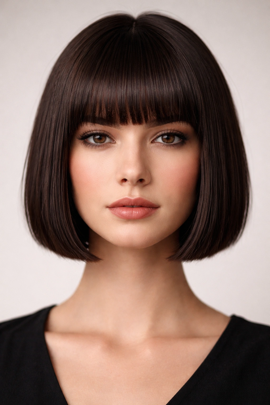 Front view of a person with a chin-length blunt bob and heavy bangs creating a horizontal forehead line
