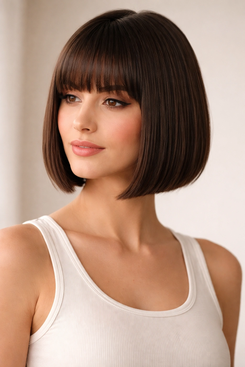 Close-up portrait of a person with a blunt bob with bangs, demonstrating hairstyle choices
