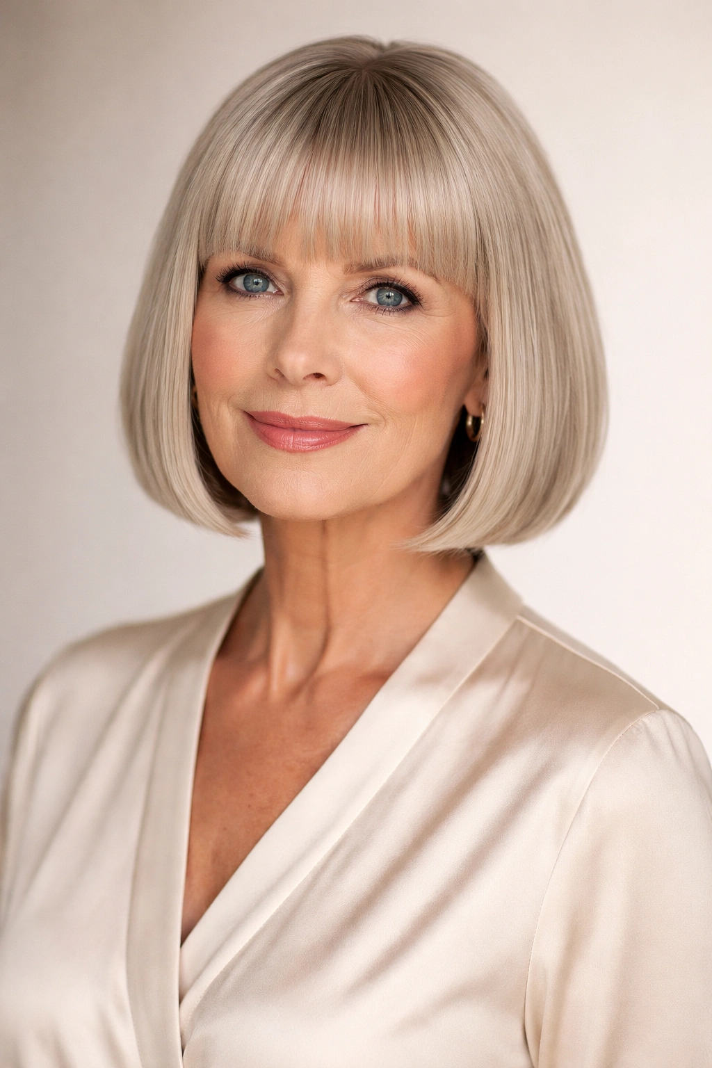 Mature woman with blunt bob and bangs, polished and modern