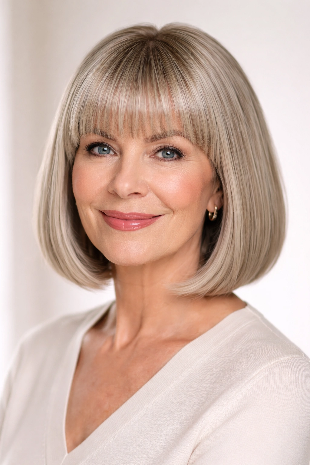 Mature woman with a blunt bob and full bangs.