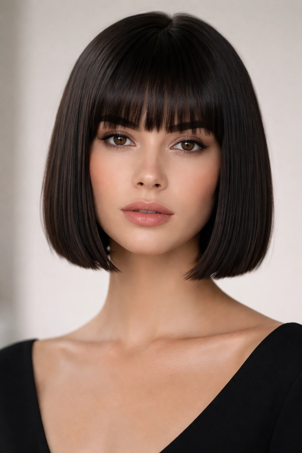 Blunt bob with subtle bangs on straight hair