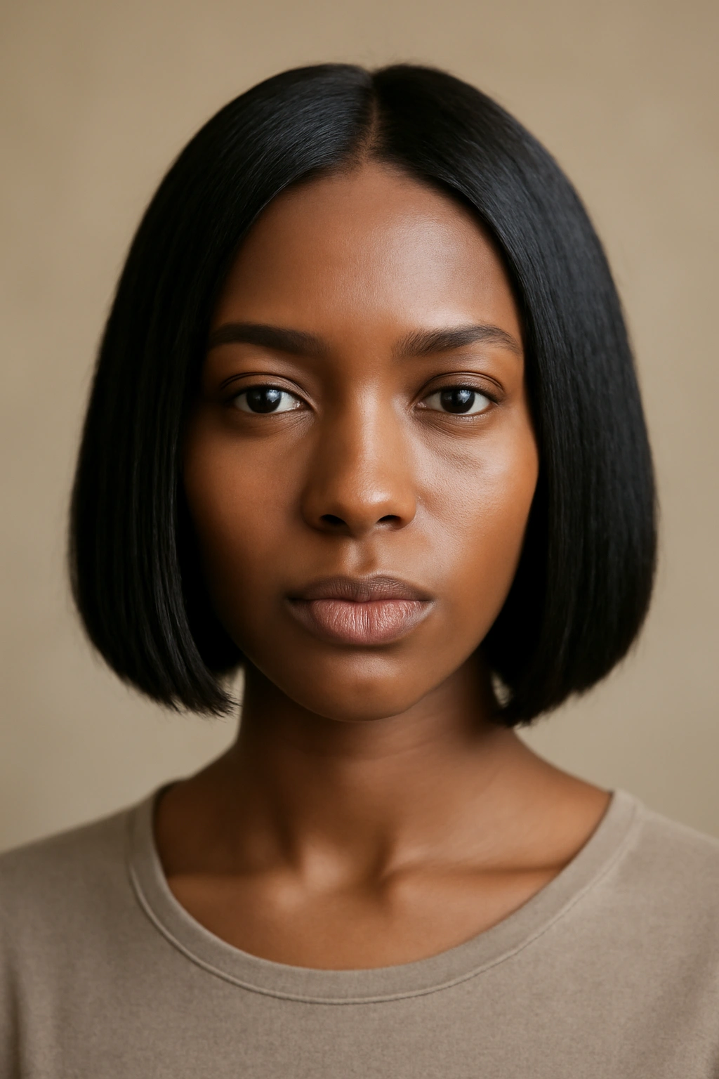 12 Bob Haircuts for Black Women Worth Bookmarking 1 Close-up of a Black woman with a classic blunt bob, sharp jaw-length, sleek straight hair.