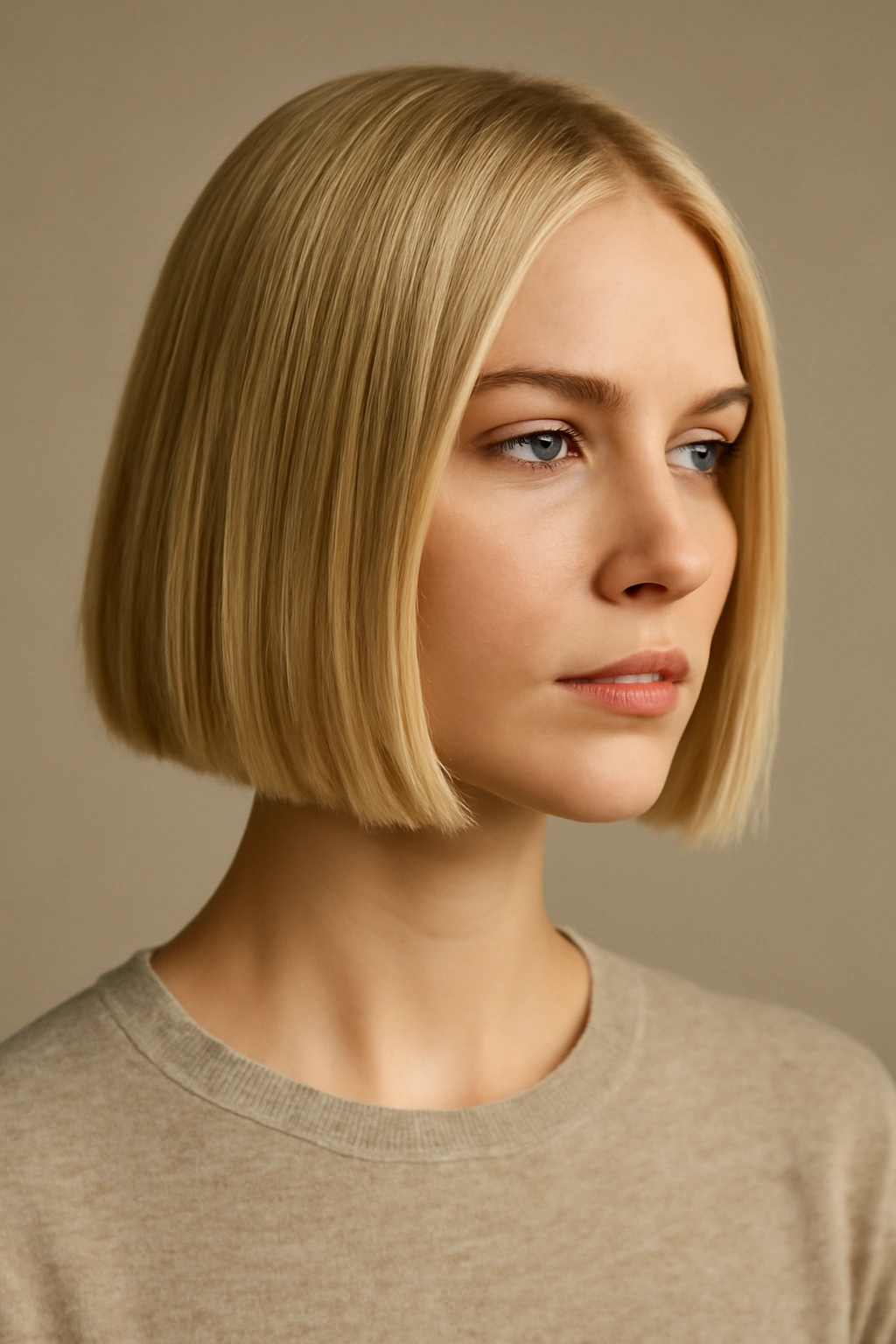 10 Short Straight Blonde Haircuts That Look Amazing 1 Close-up portrait of a blonde blunt chin-length bob with a sharp architectural line