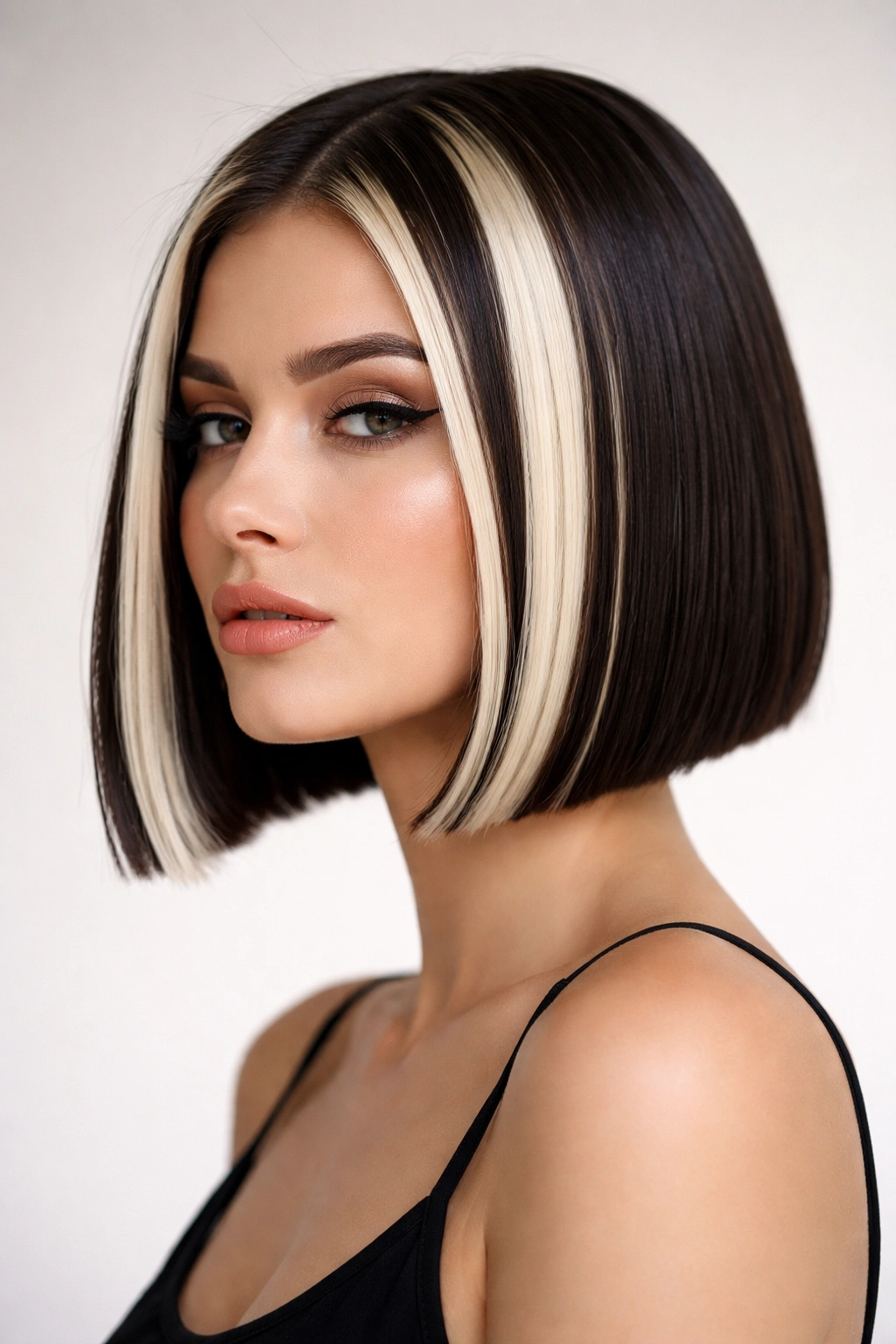 Sleek blunt bob with bold contrasting highlights for sharp, high-contrast look