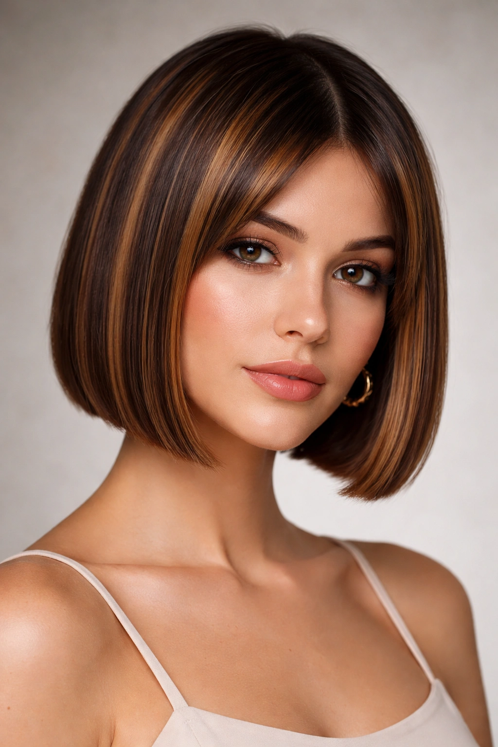 Blunt bob hairstyle with caramel highlights in a clean studio portrait