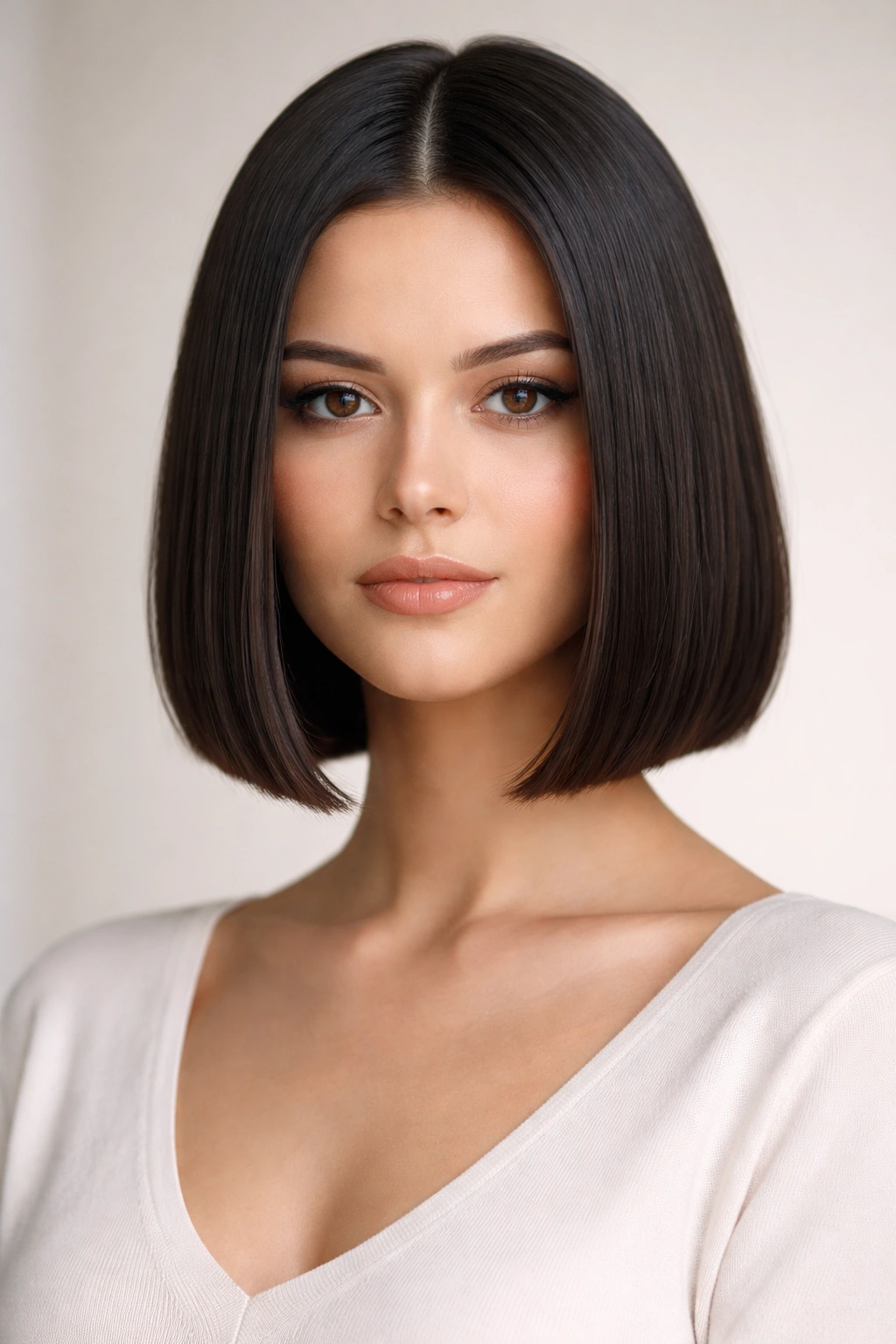Close-up of a blunt bob with a center part on straight hair, studio lighting