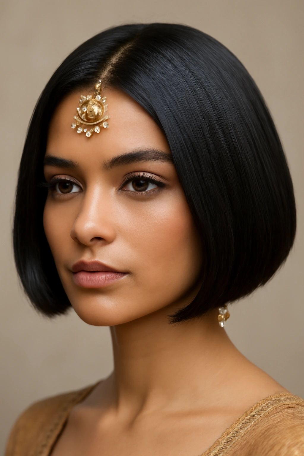10 Beautiful Short Hairstyles for Indian Weddings 4 Blunt bob with deep center part and side drape.