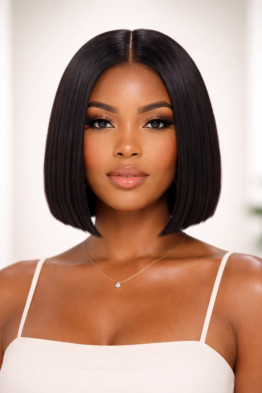 Frontal view of a blunt chin-length bob with a sharp, even line.
