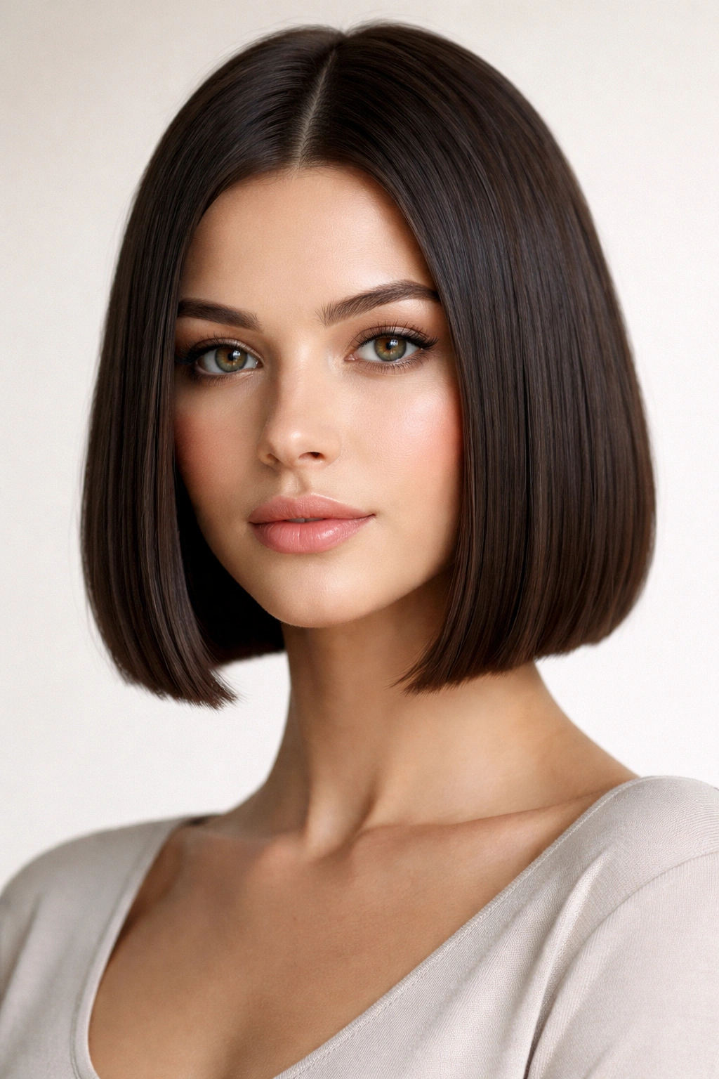 Front view of a chin-length blunt bob with a sharp straight cut at the jawline