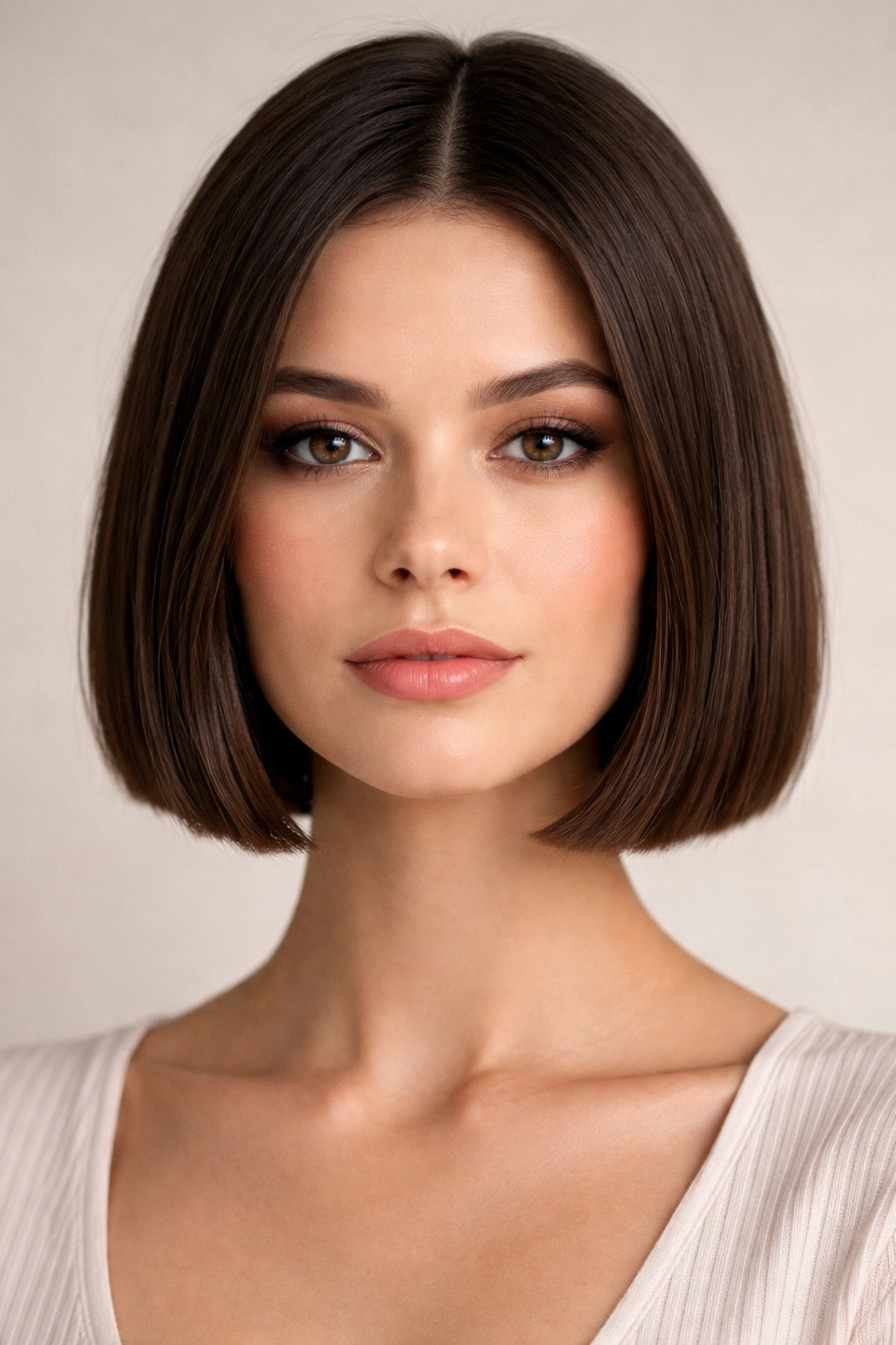 Close-up of a chin-length blunt bob with a straight jawline edge.
