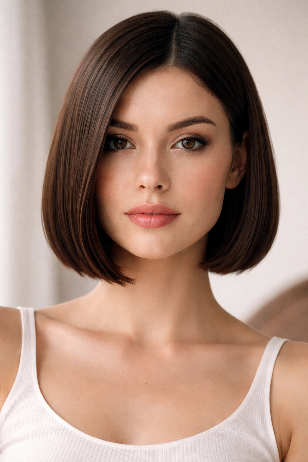 10 Chin Length Cuts For Round And Oval Faces 3 Blunt chin-length bob silhouette with straight ends.