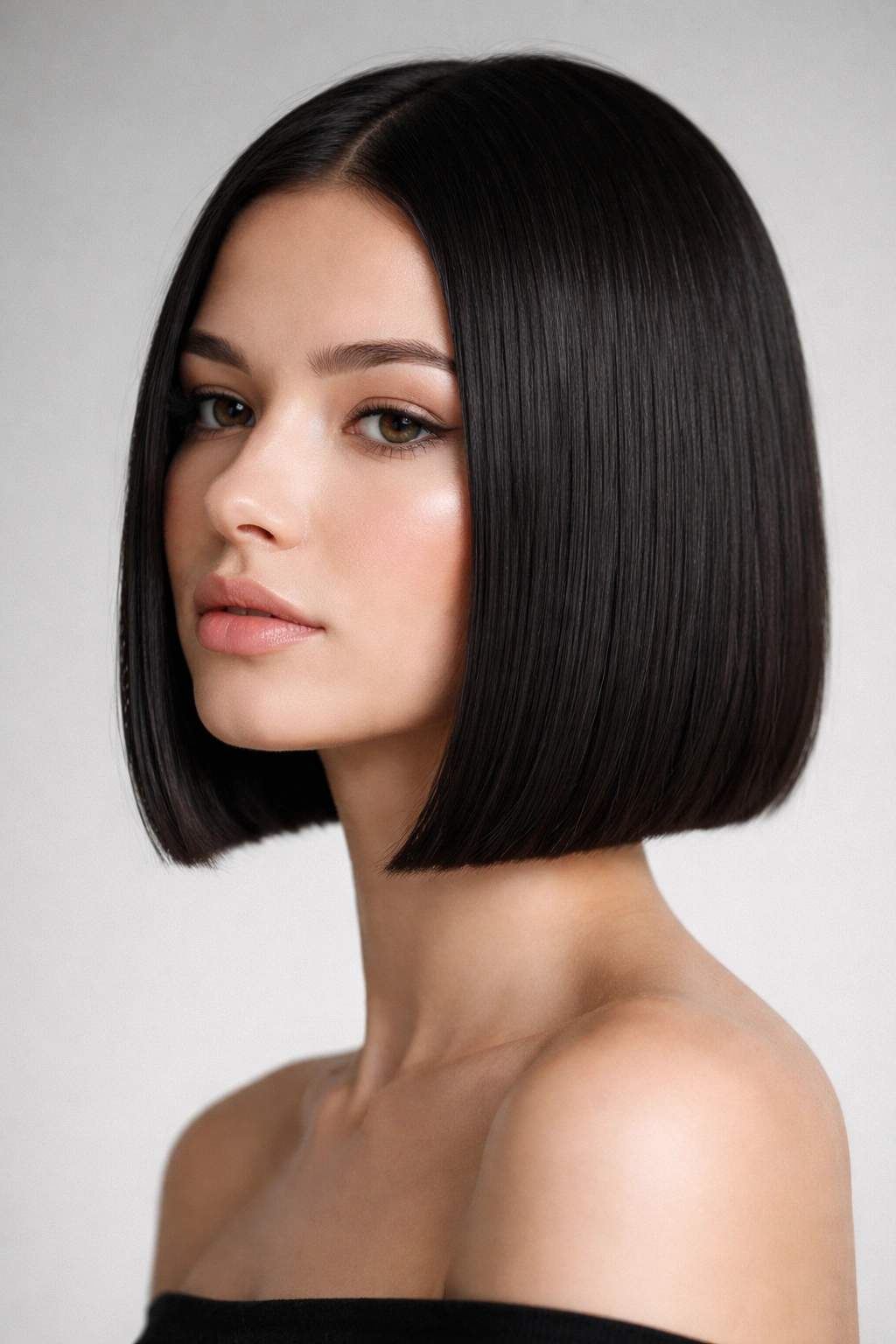 Close-up of a blunt chin-length bob with a crisp straight line on straight hair