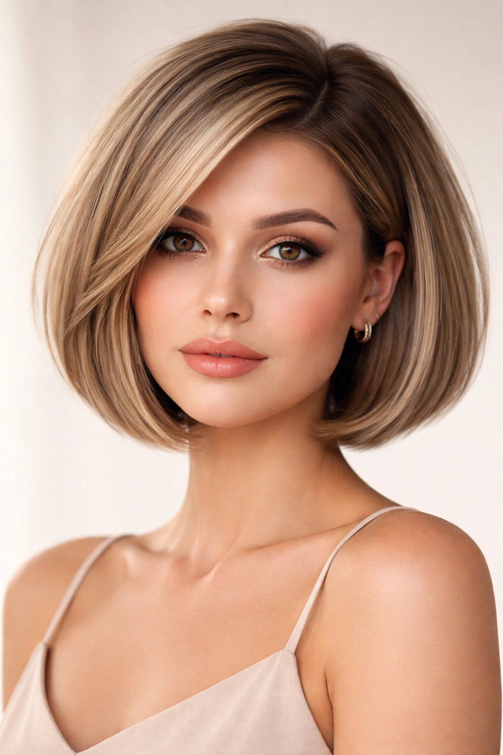 Close-up of a blunt chin-length bob with voluminous crown.